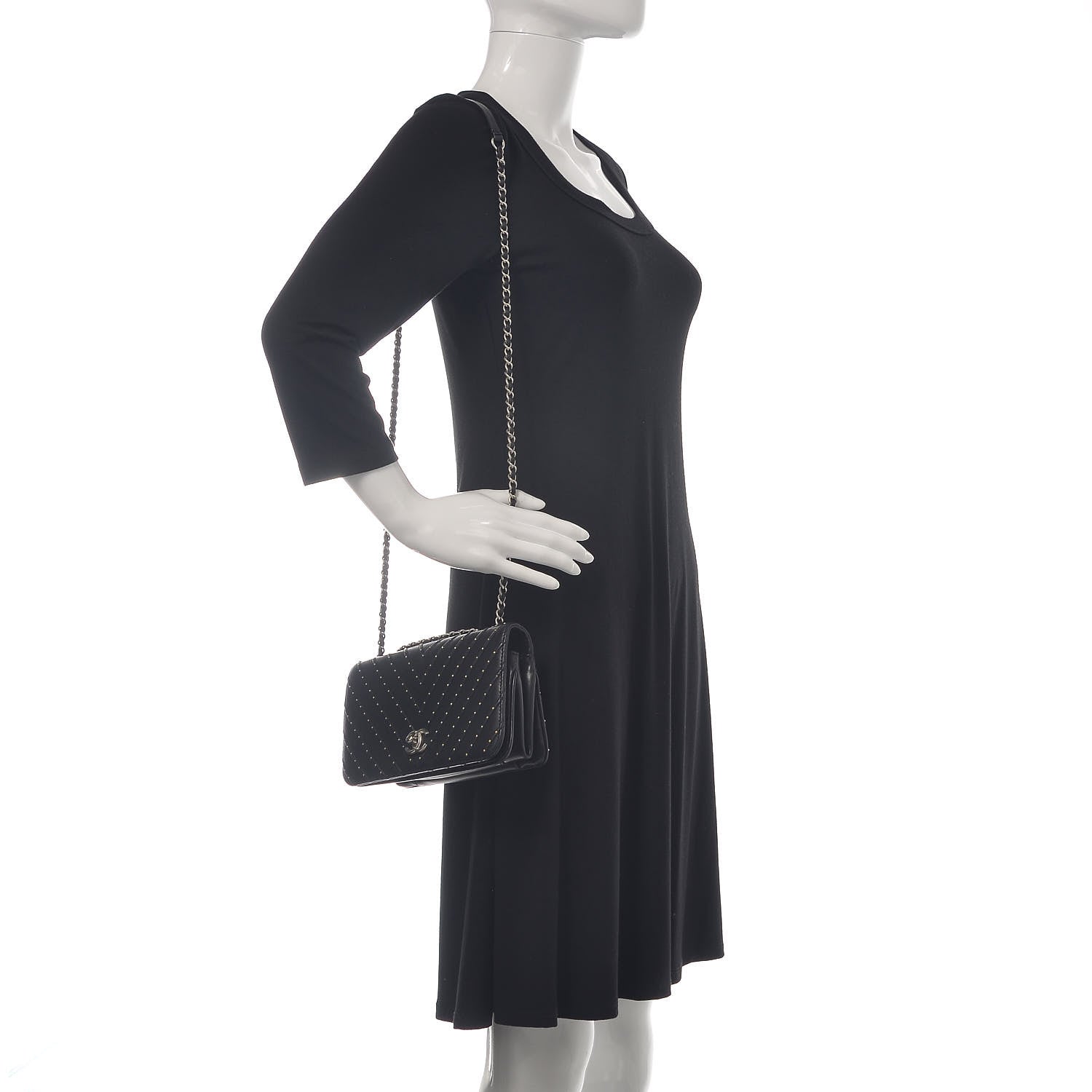 Chanel Calfskin Studded Chevron Quilted Flap Black 2 of 16