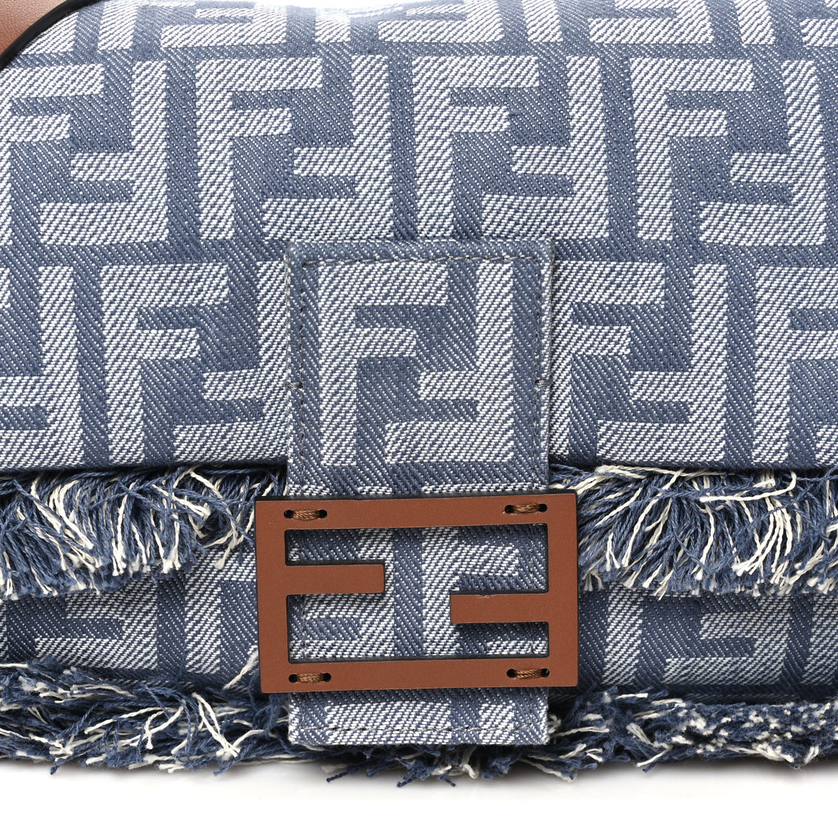 Fendi Denim Vitello Fringe FF Embroidered Baguette Myrtle Dark Nut 7 of 9