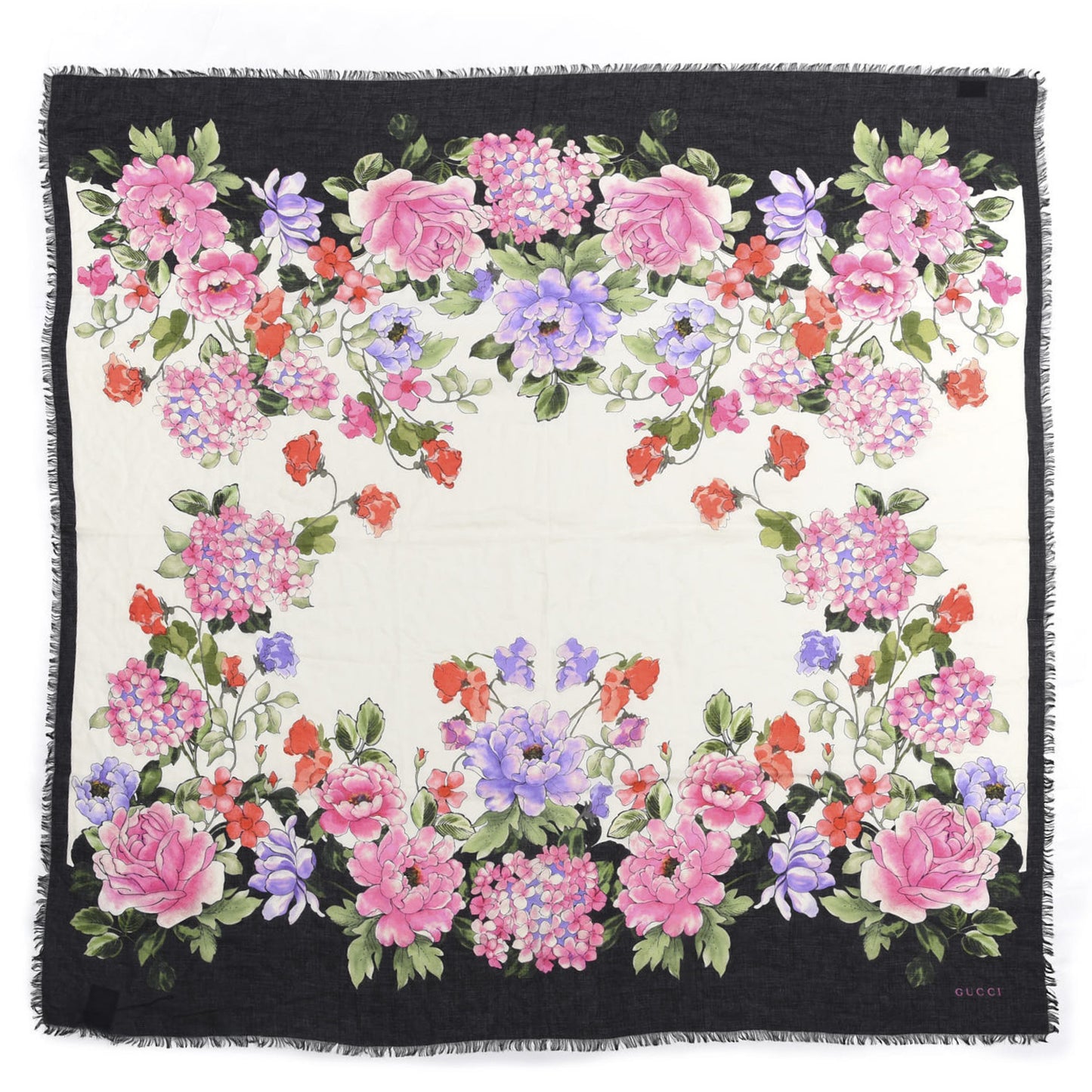 Silk Cashmere Hydrangea Square Scarf Black