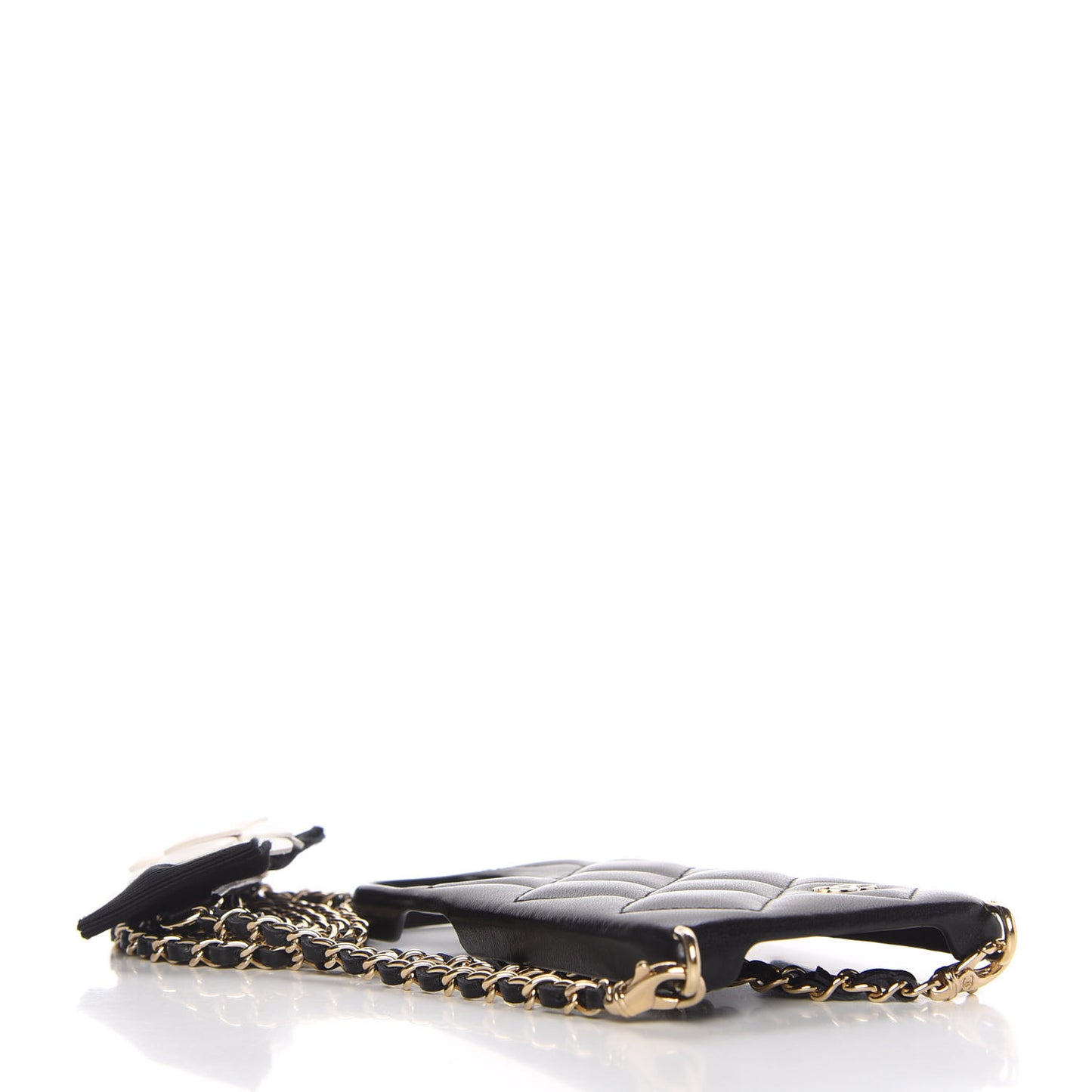 Lambskin Quilted Camellia Bow iPhone XII Pro Holder With Chain Black
