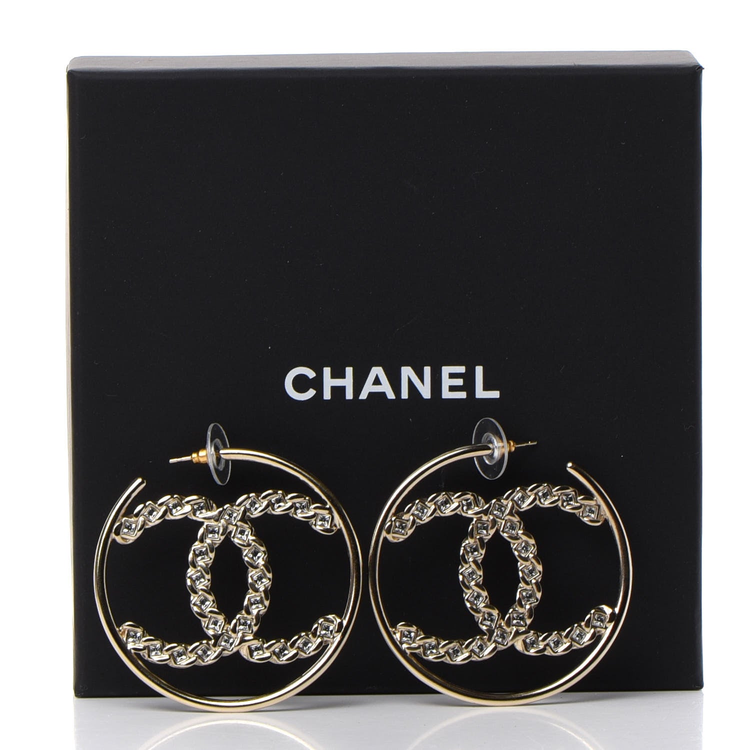 Chanel Crystal High Society CC Hoop Earrings Gold 5 of 5
