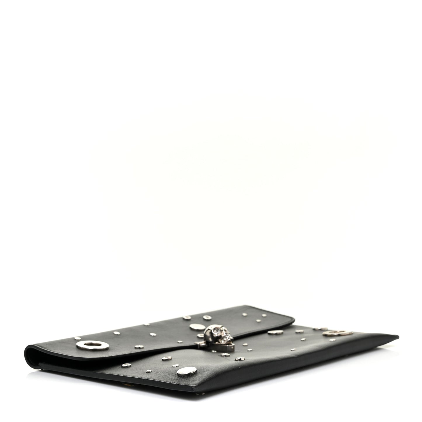 Calfskin Grommet Skull Envelope Clutch Black