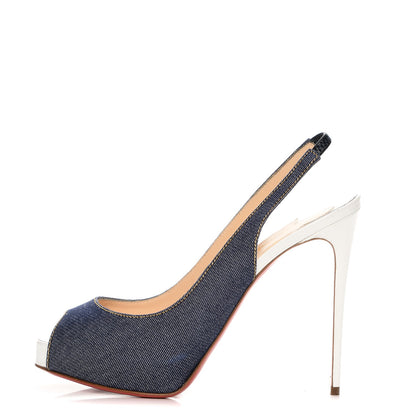 Christian Louboutin Denim Lady Peep Sling 120 Pumps 37.5 Blue White 1 of 6