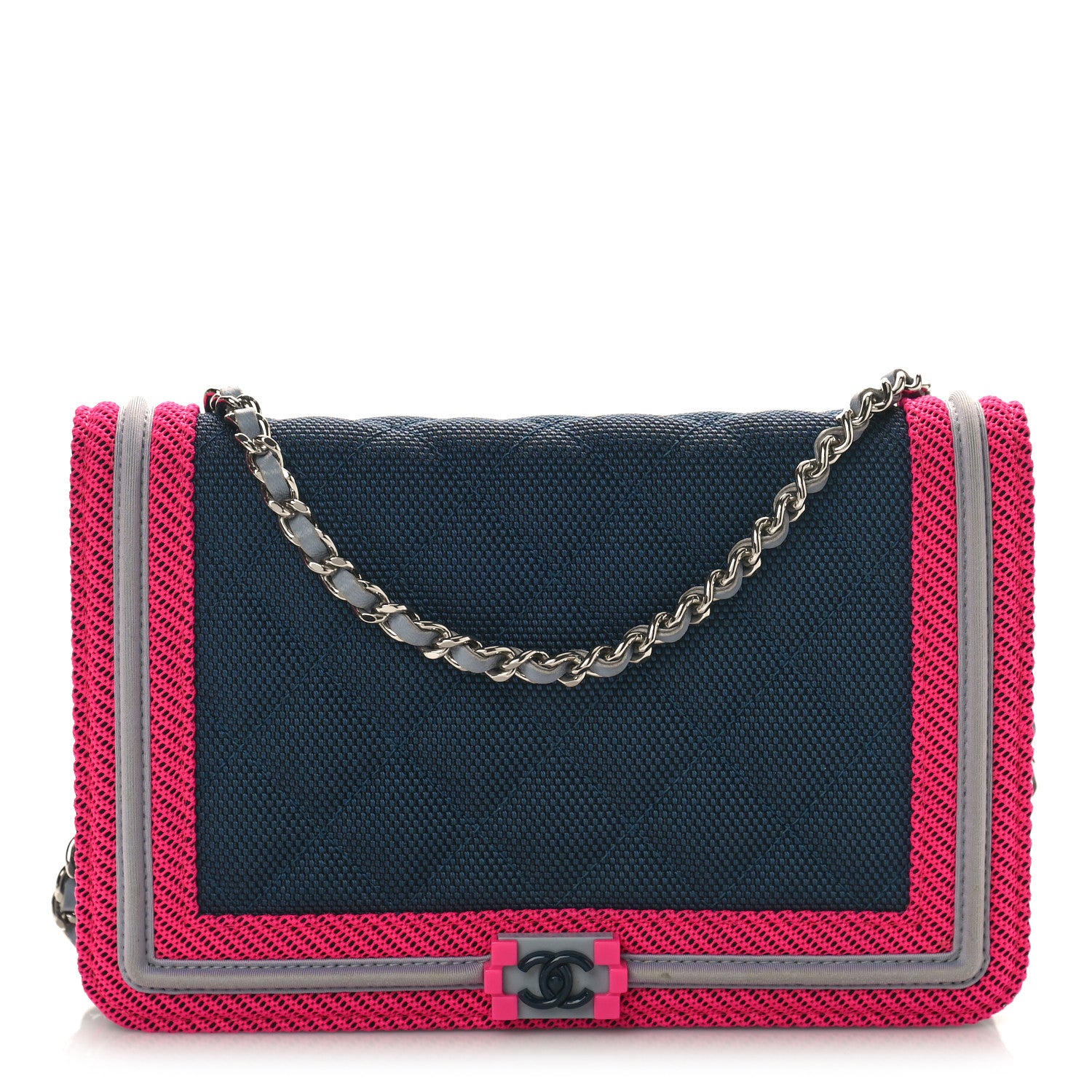 Chanel Canvas Quilted Fluo Boy Wallet On Chain WOC Dark Navy Fuchsia Grey 1 of 9