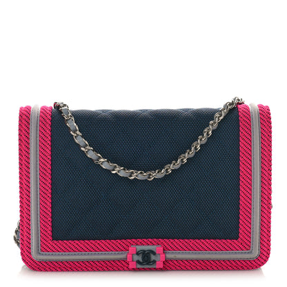 Chanel Canvas Quilted Fluo Boy Wallet On Chain WOC Dark Navy Fuchsia Grey 1 of 9