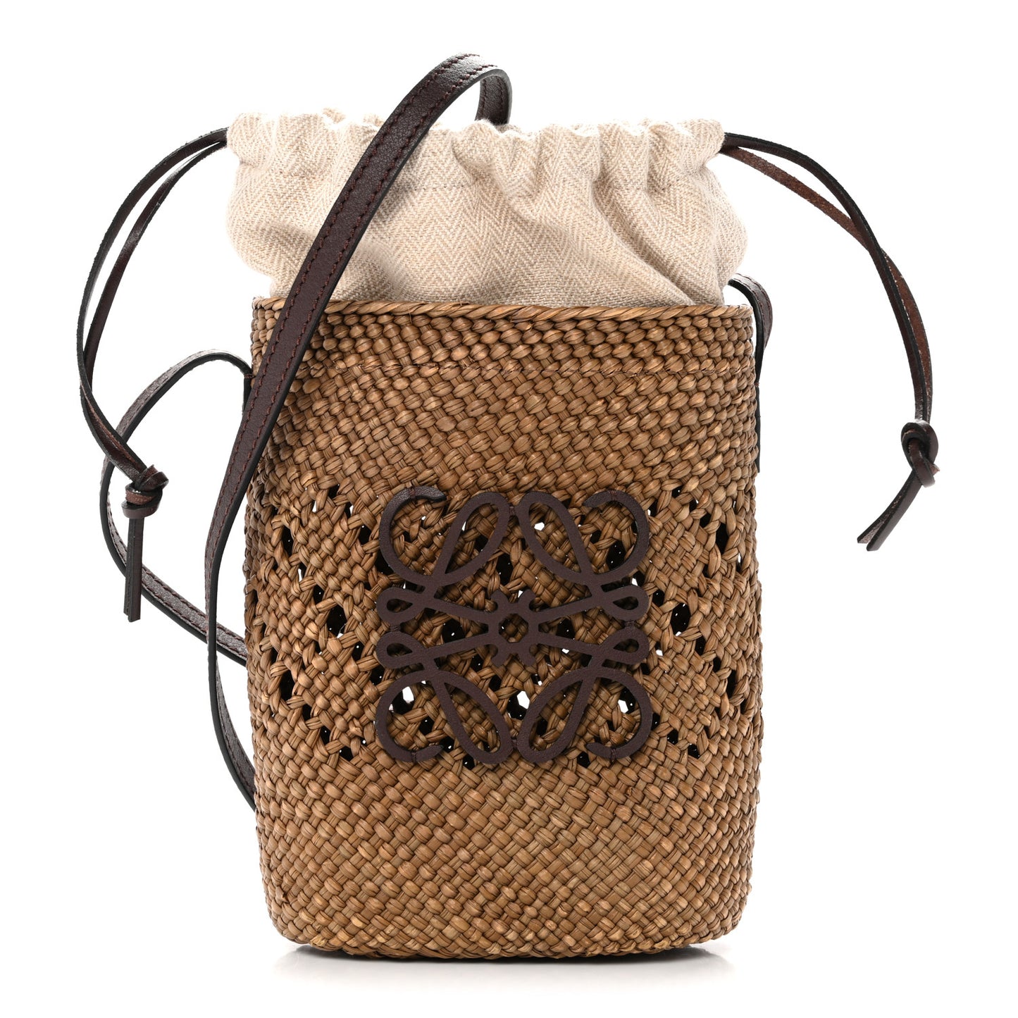 Iraca Palm Calfskin Anagram Square Pocket Bucket Bag Natural Brown