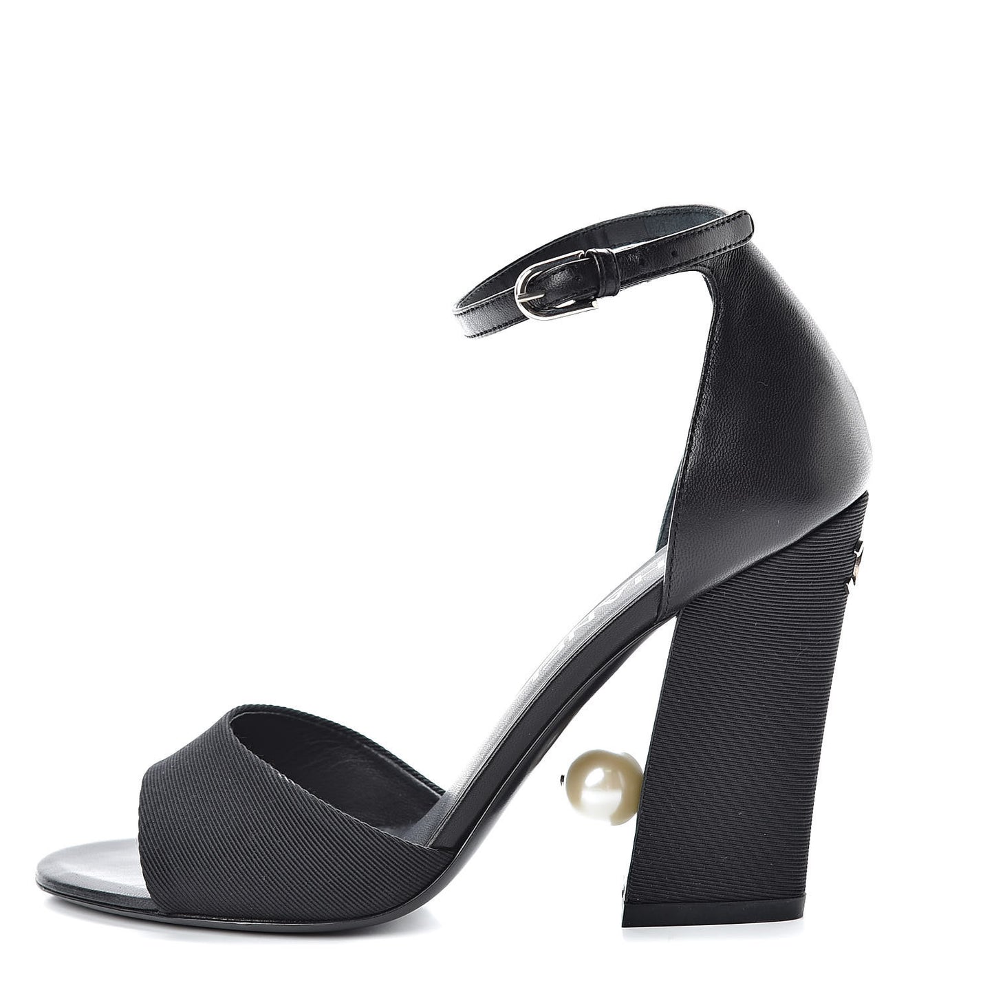 Lambskin Grosgrain Open Toe Pearl Sandal Heels 36 Black