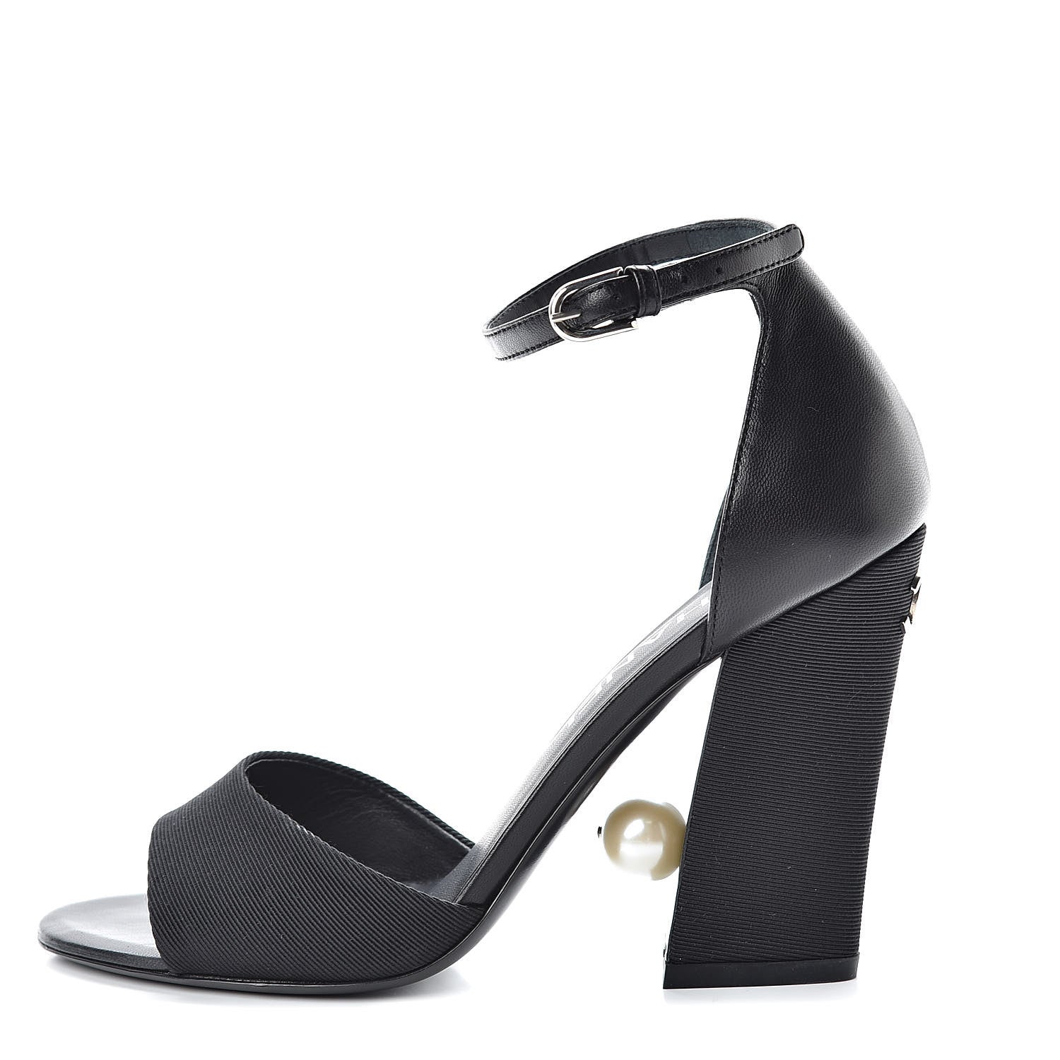 Chanel Lambskin Grosgrain Open Toe Pearl Sandal Heels 36 Black 1 of 12