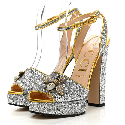 Gucci Glitter Soko Bee Platform High Heel Sandals 39 Argento Oro Vecchio 3 of 11