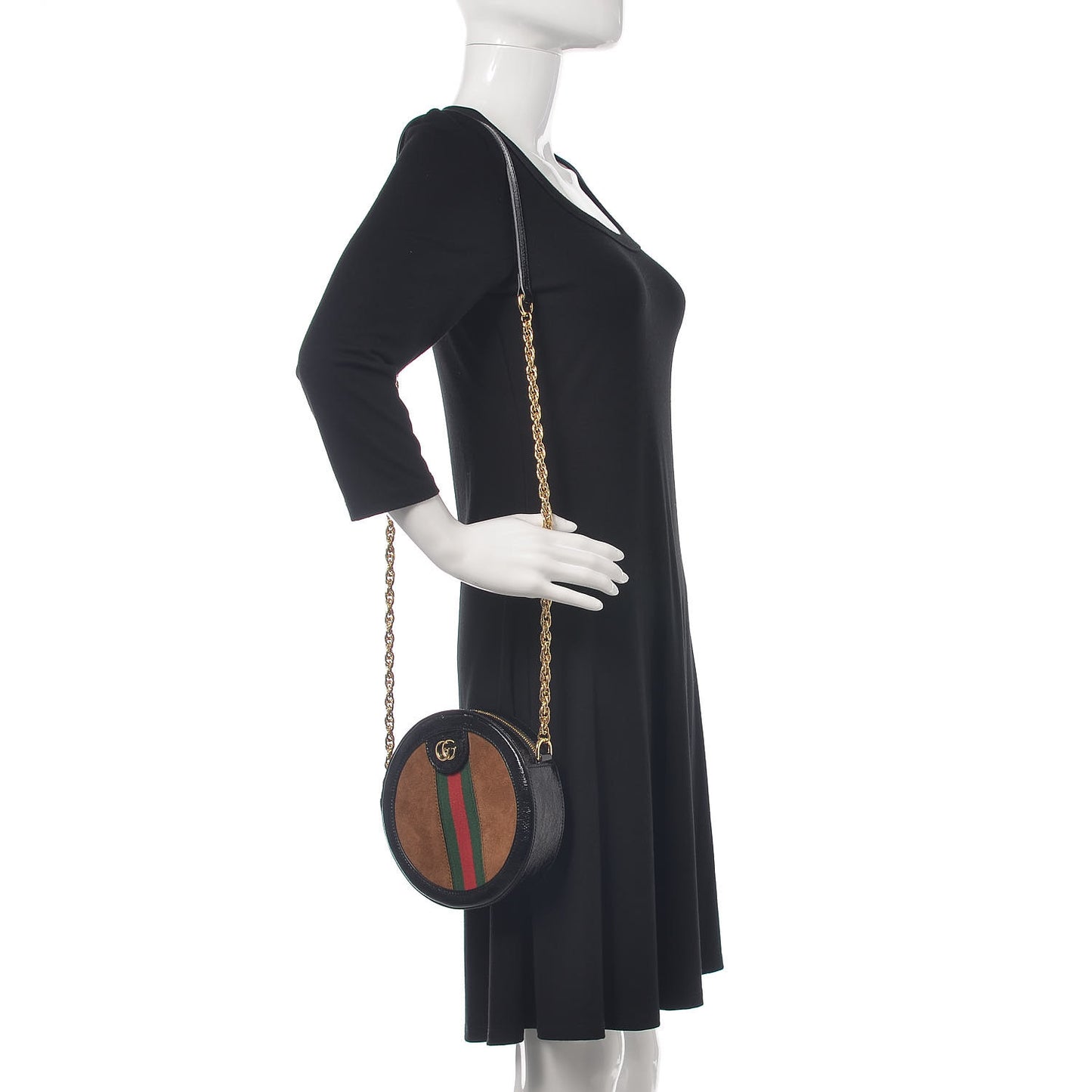 Suede Patent Web Mini Ophidia Round Shoulder Bag Nocciola Black