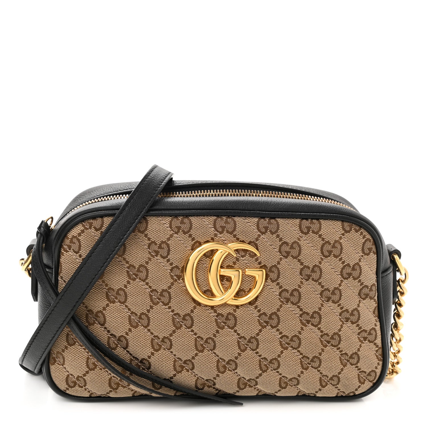 Gucci Monogram Matelasse Diagonal Small GG Marmont Chain Shoulder Bag Beige Black 1 of 10