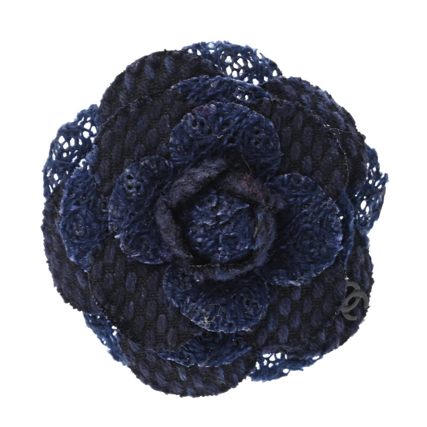 Tweed Camellia Pin Brooch Navy Black