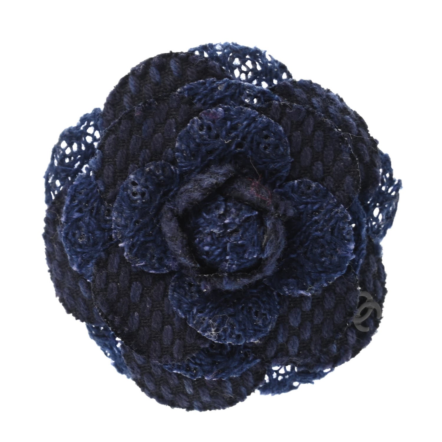 Chanel Tweed Camellia Pin Brooch Navy Black 1 of 3