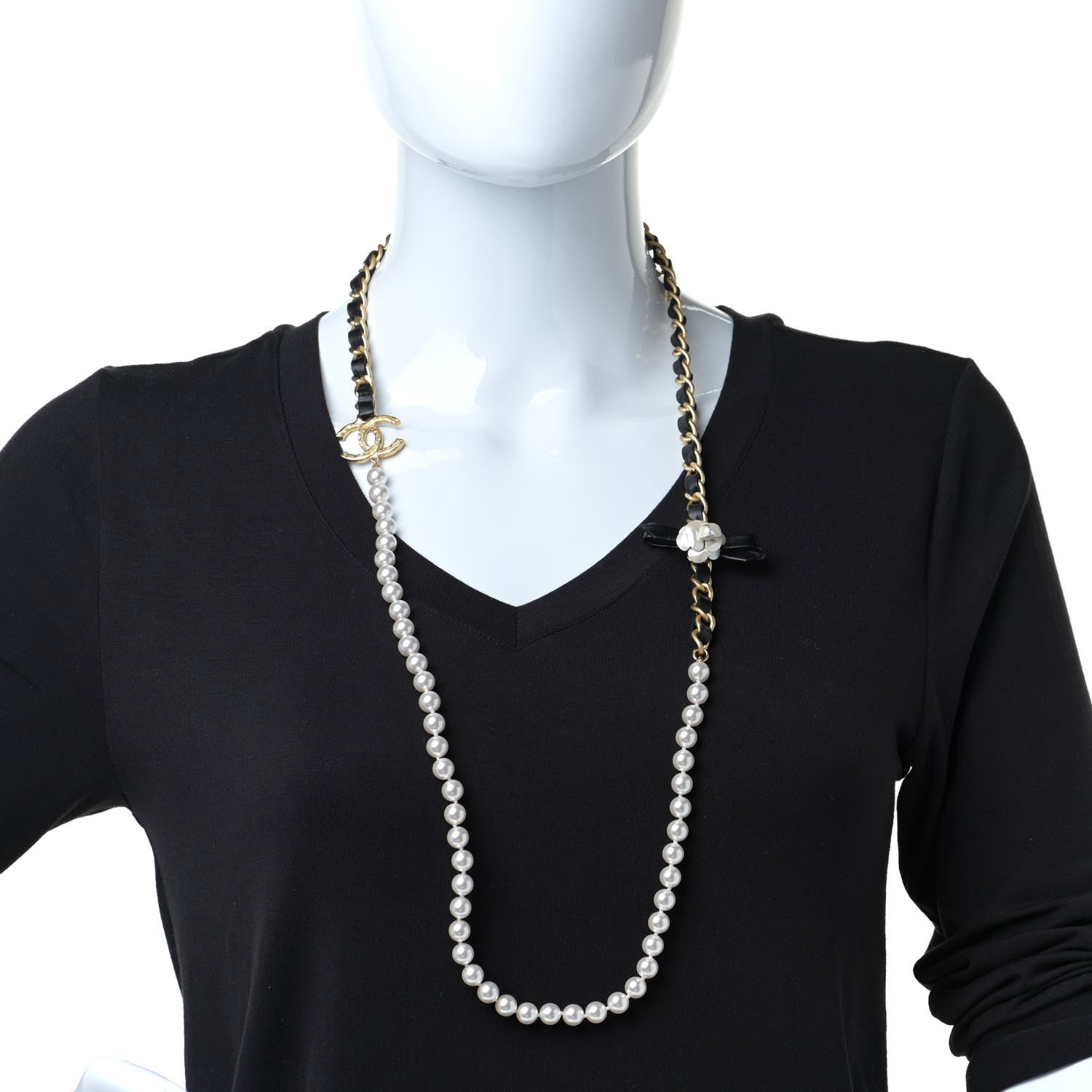 Chanel Calfskin Pearl Chain 90's Camellia Long Necklace Black Gold 2 of 5