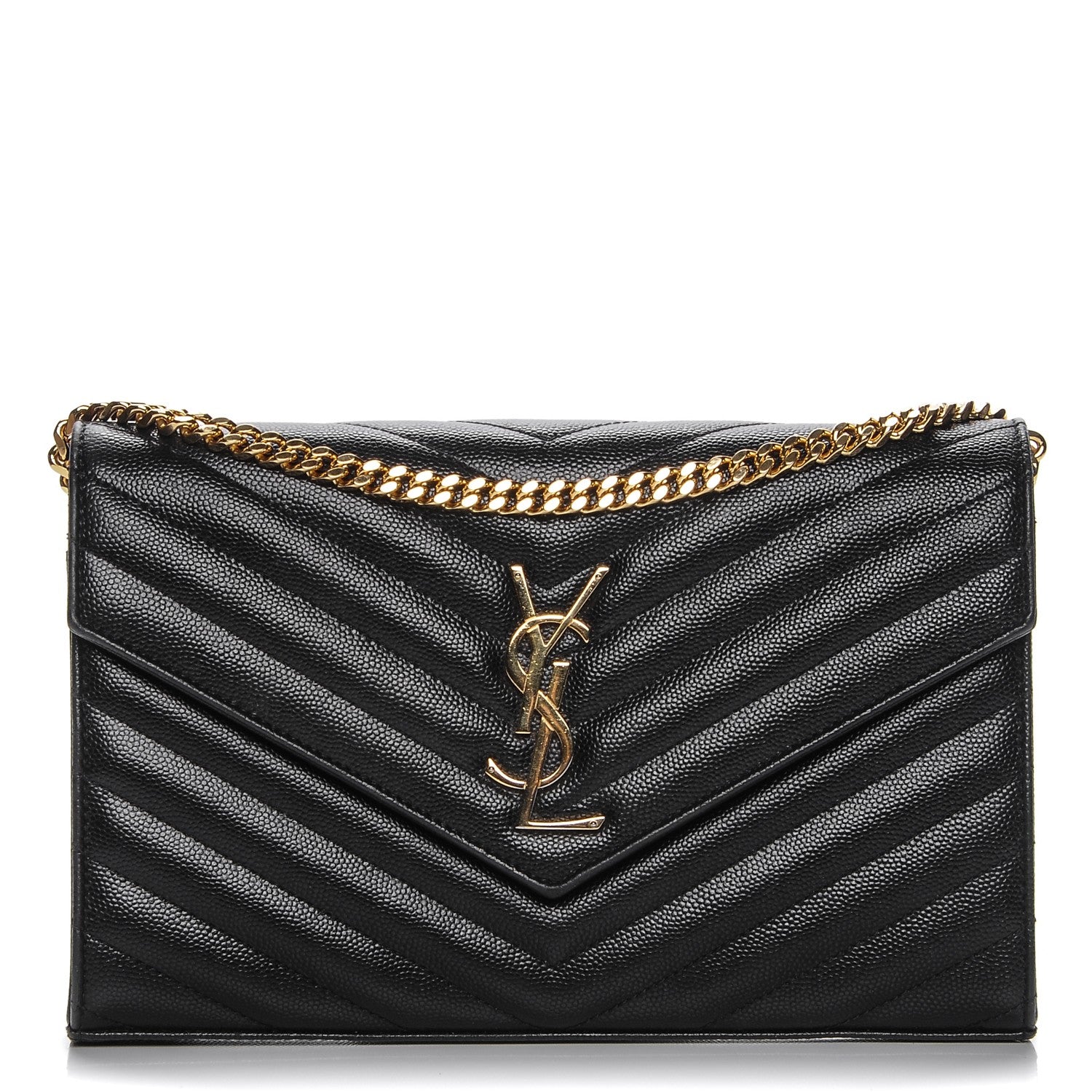Saint Laurent Grain De Poudre Matelasse Chevron Monogram Chain Wallet Black 1 of 7