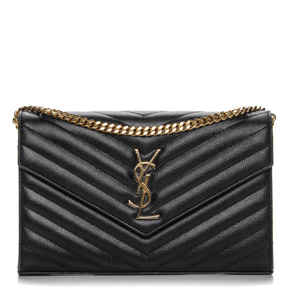 Saint Laurent Grain De Poudre Matelasse Chevron Monogram Chain Wallet Black 1 of 7