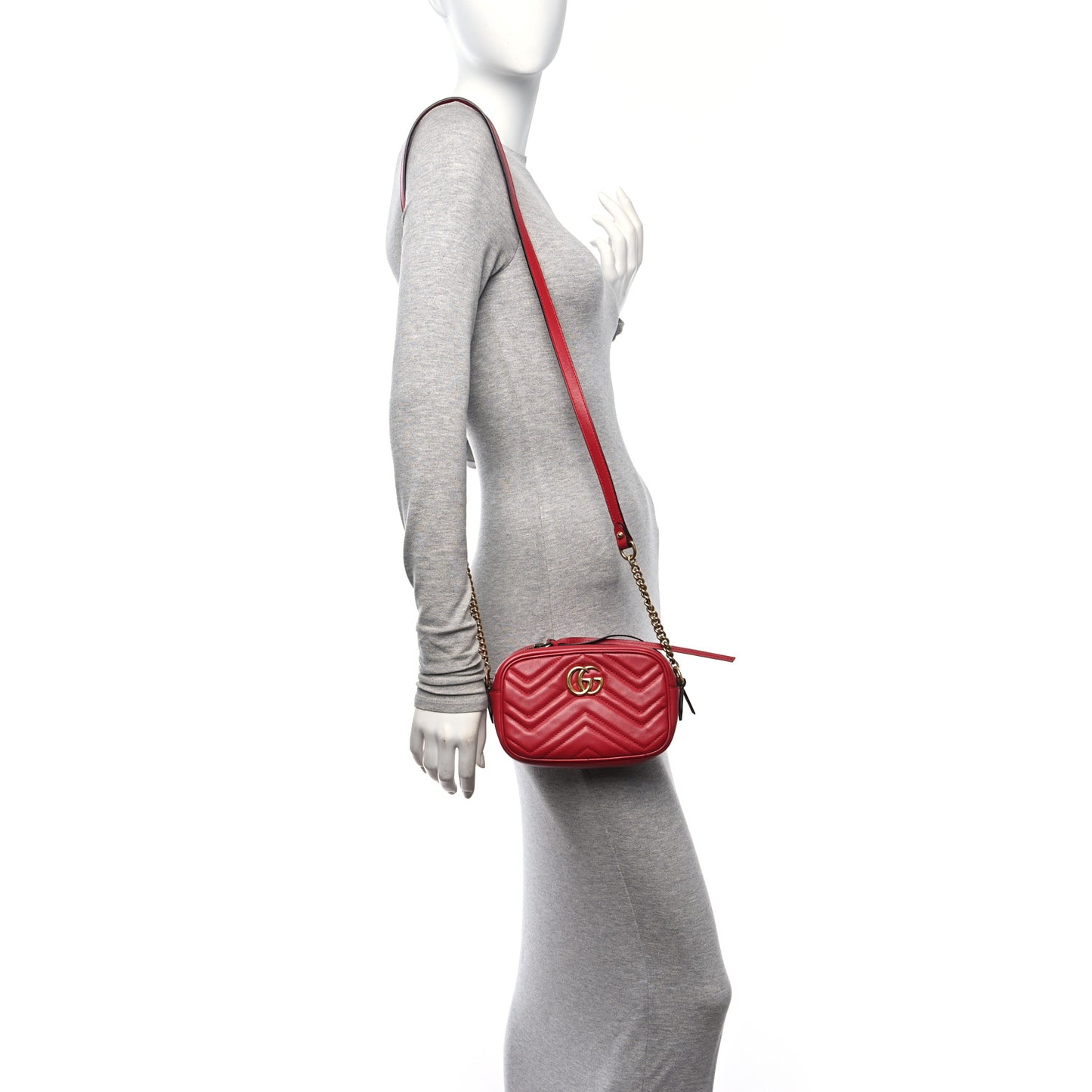 Calfskin Matelasse Mini GG Marmont Chain Shoulder Bag Hibiscus Red