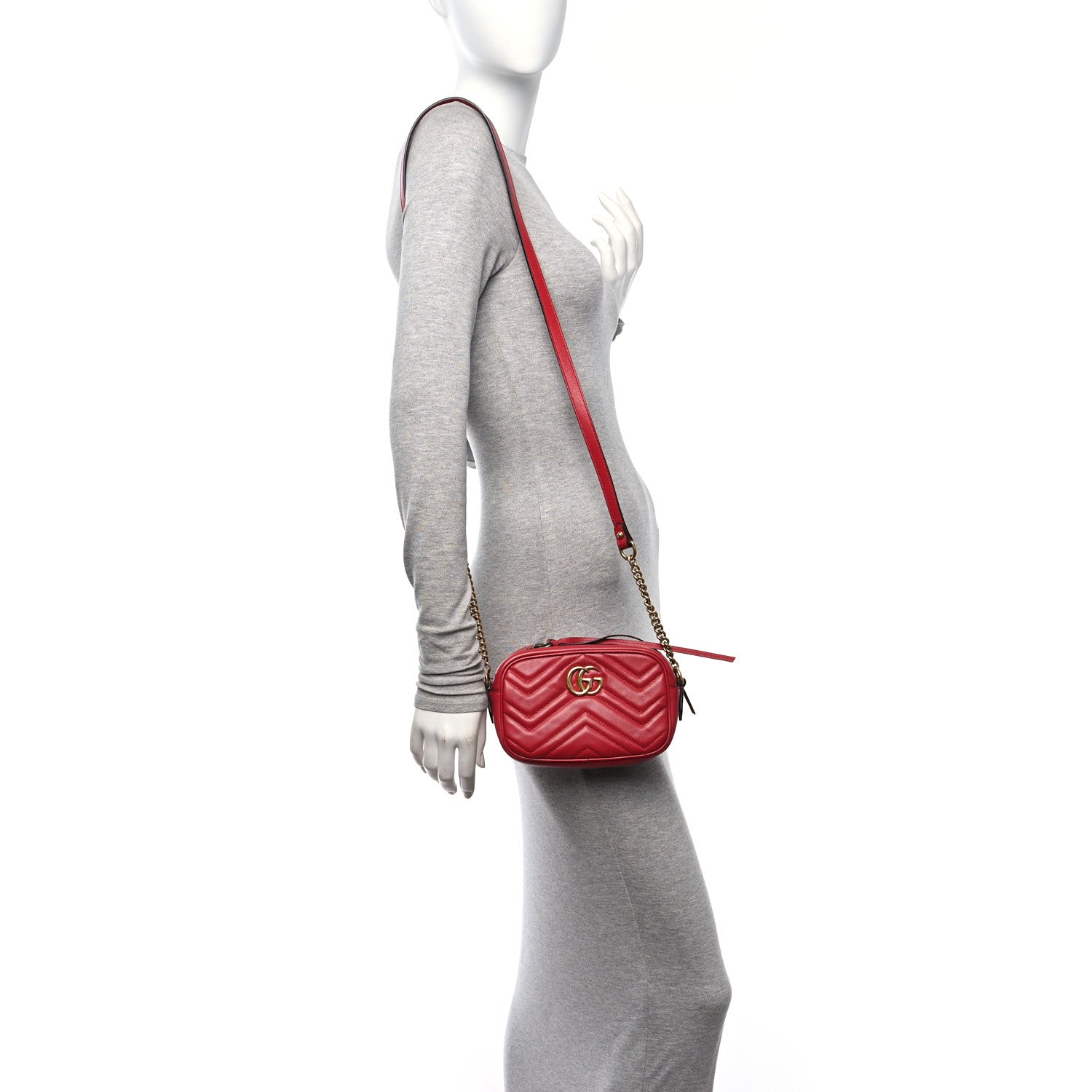 Gucci Calfskin Matelasse Mini GG Marmont Chain Shoulder Bag Hibiscus Red 2 of 11