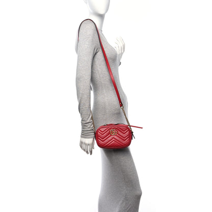 Gucci Calfskin Matelasse Mini GG Marmont Chain Shoulder Bag Hibiscus Red 2 of 11