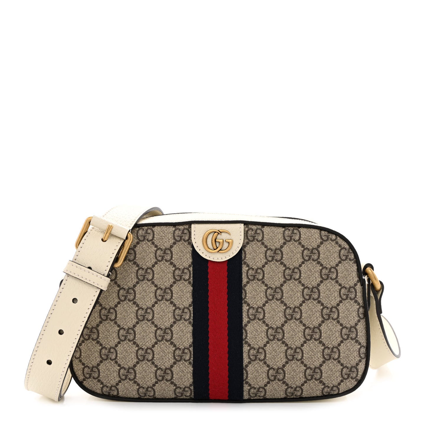 GG Supreme Monogram Textured Calfskin Web Small Ophidia Camera Bag Beige Ebony Mystic White
