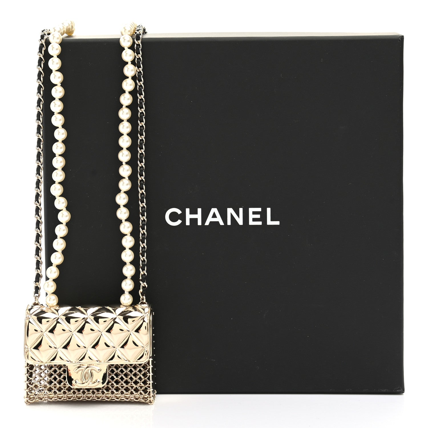 Chanel Metal Lambskin Pearl Chain Flap Bag Long Necklace Gold Black Pearly White 6 of 6