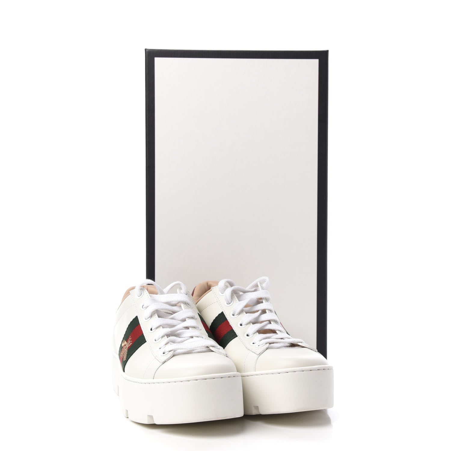 Gucci Calfskin Web Bee Embroidered Womens Ace Platform Sneakers 37.5 White 11 of 11