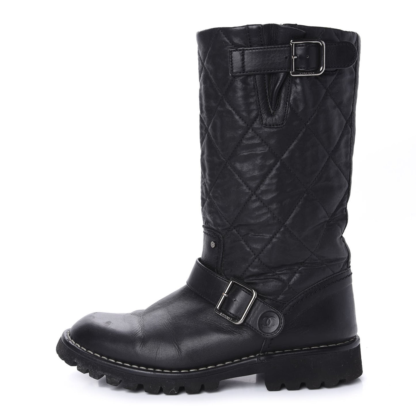 Calfskin Quilted Biker Boots 36.5 Black