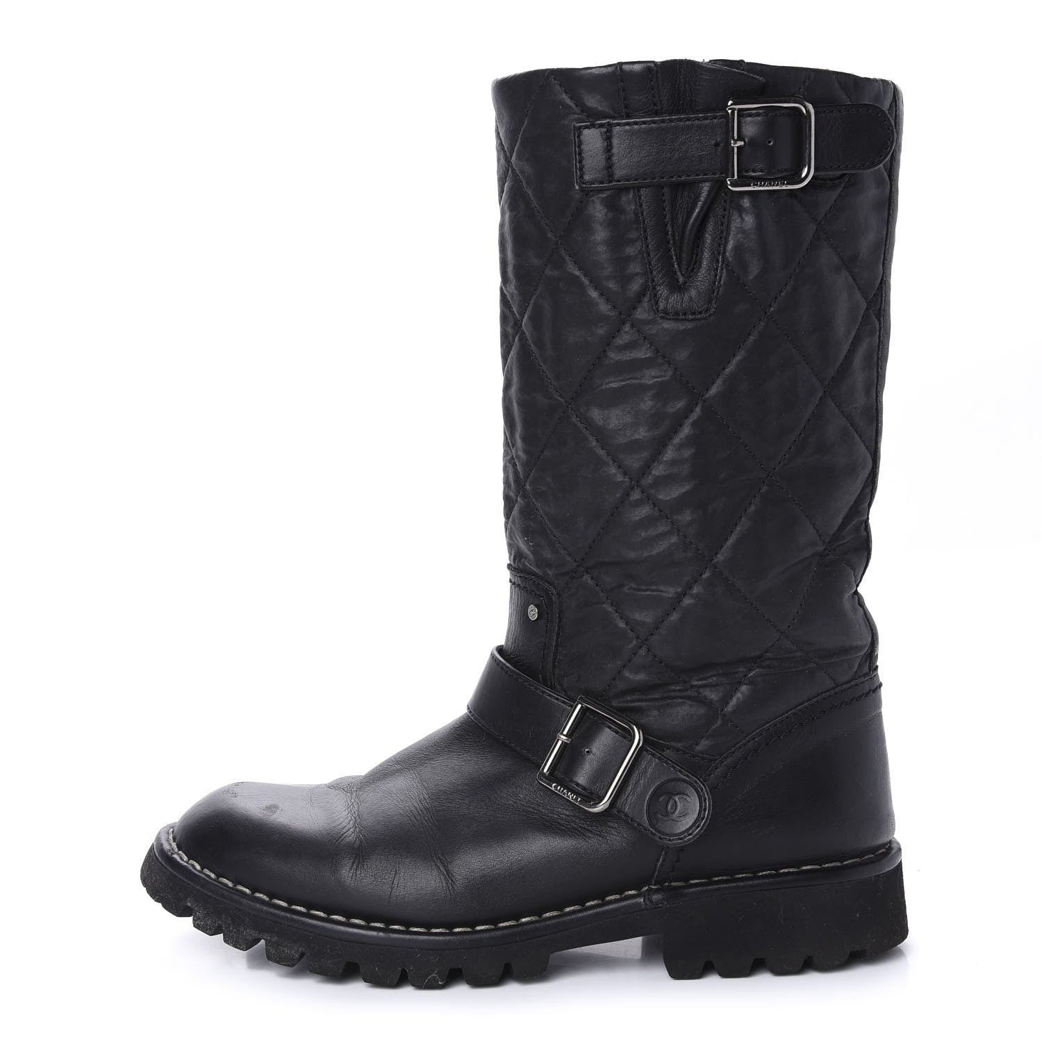 Chanel Calfskin Quilted Biker Boots 36.5 Black 1 of 8