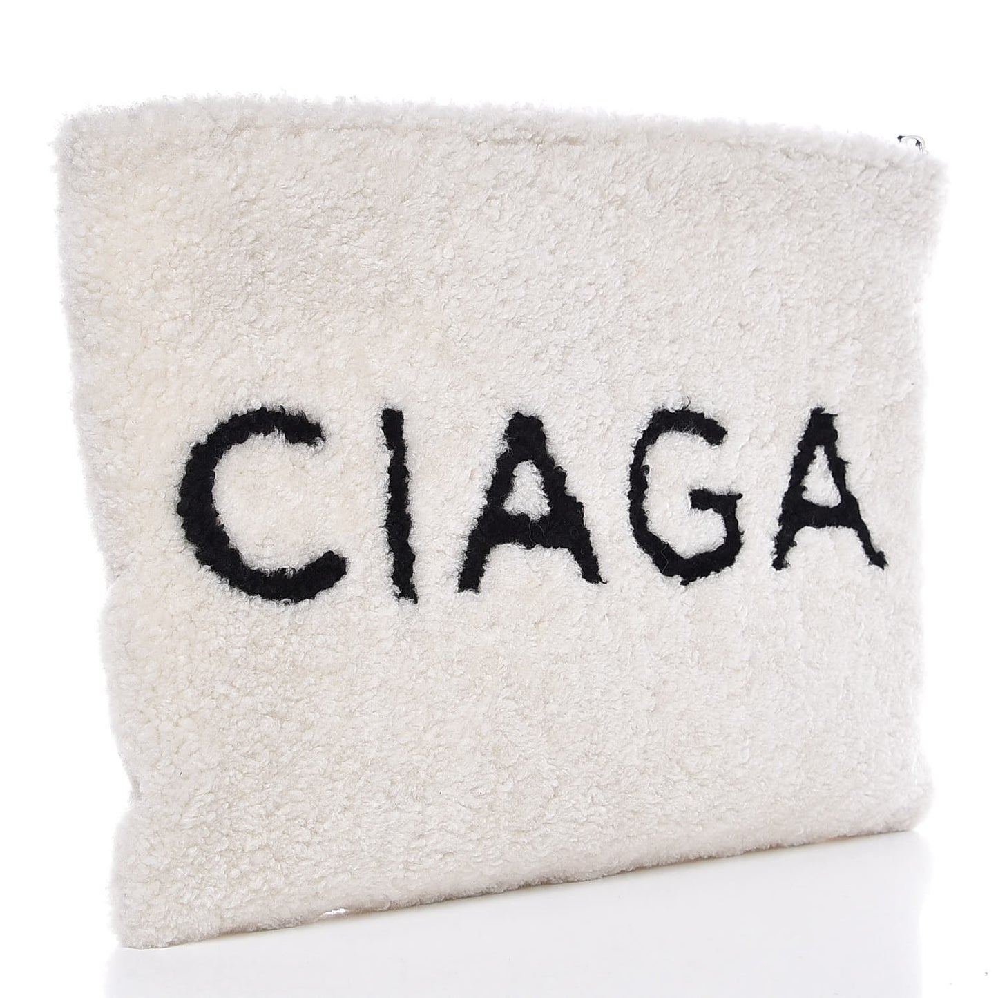 Sheepskin Shearling Contrasted Logo Large Zip Pouch White Black