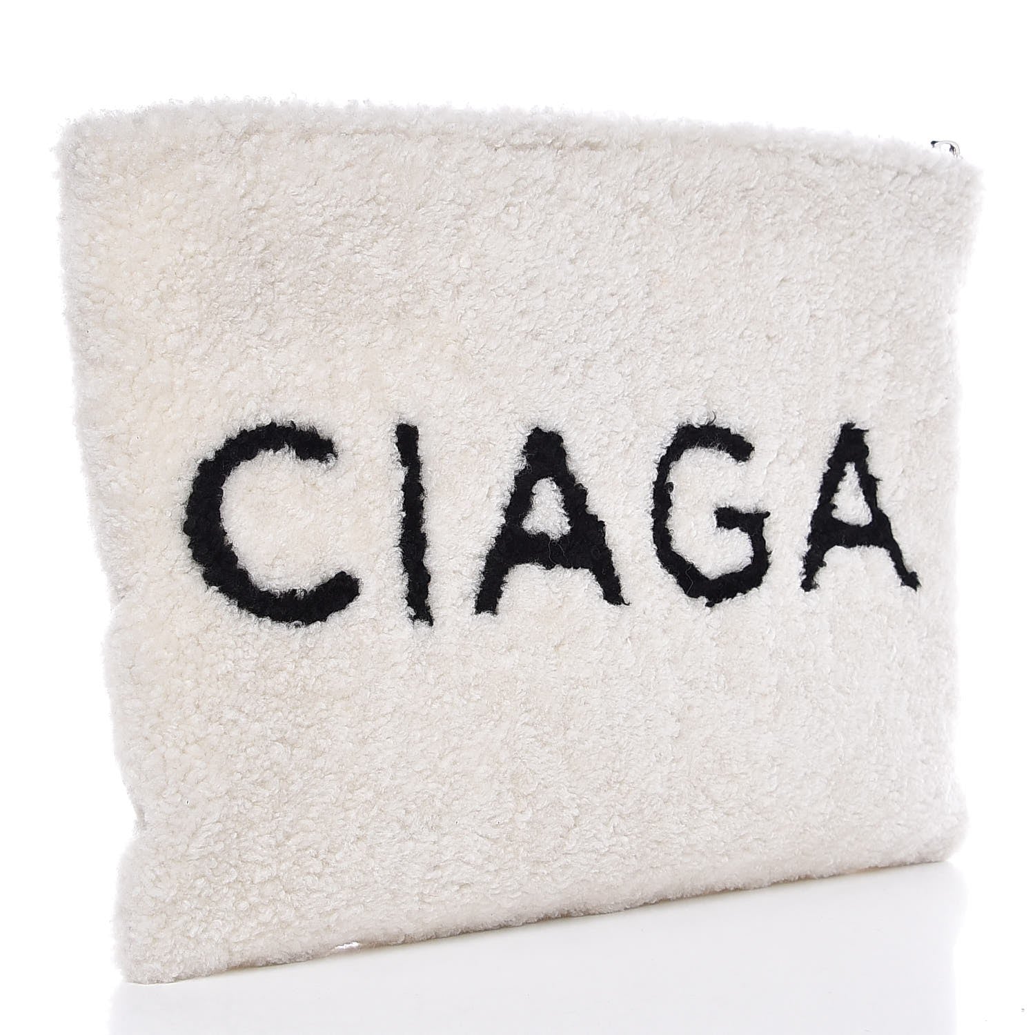 Balenciaga Sheepskin Shearling Contrasted Logo Large Zip Pouch White Black 3 of 7