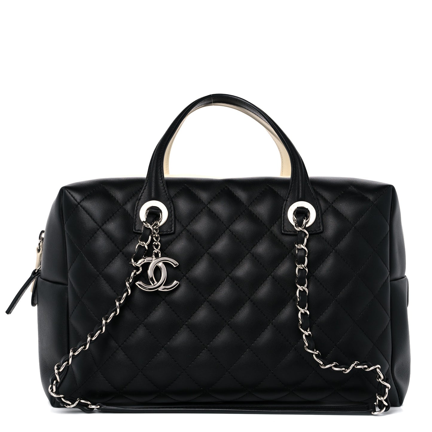 Calfskin Quilted Large Feather Weight Bowling Bag Black Ivory