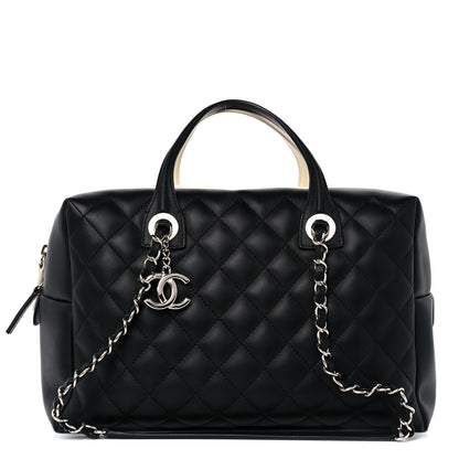 Chanel Calfskin Quilted Large Feather Weight Bowling Bag Black Ivory 1 of 12