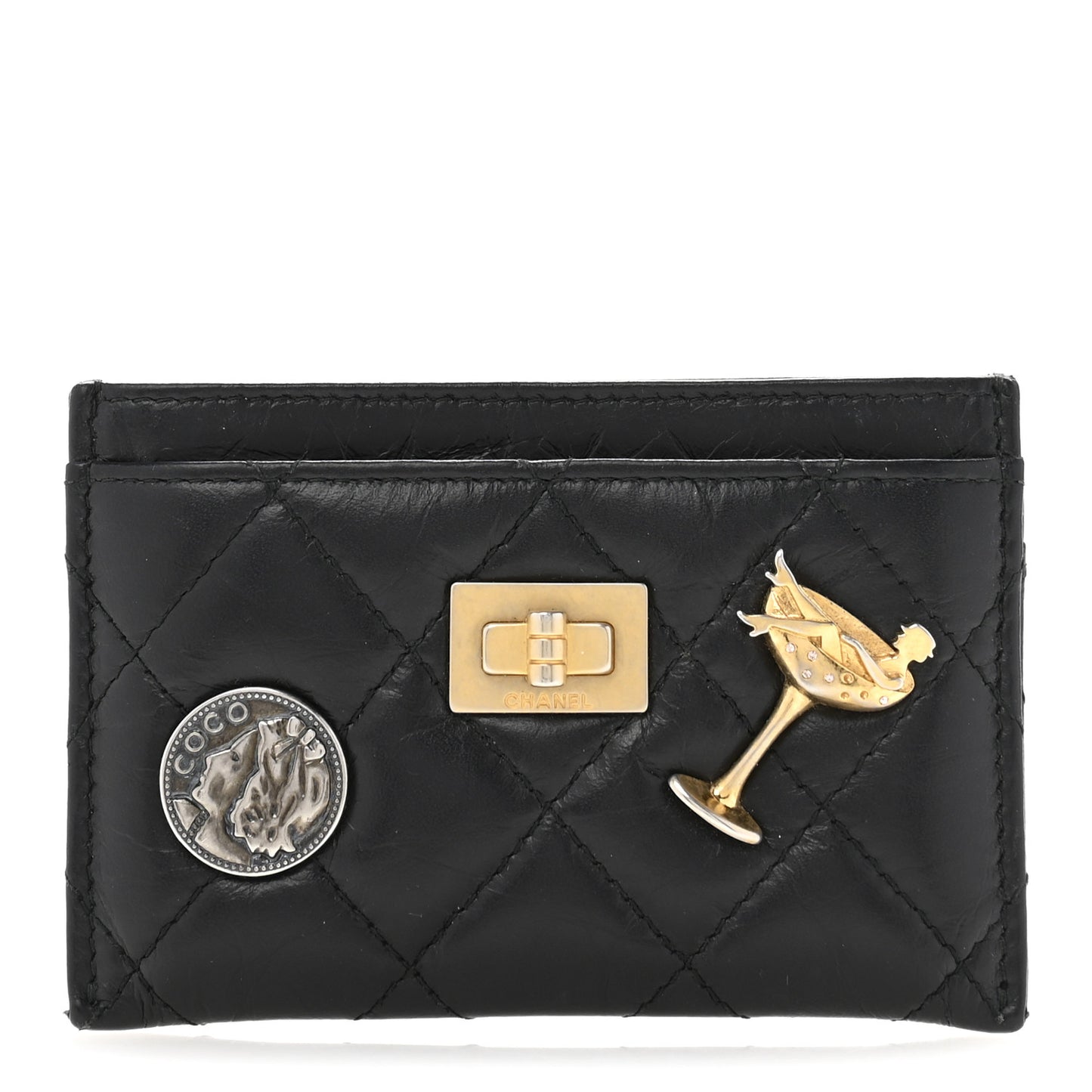 Aged Calfskin Quilted Lucky Charms Reissue Card Holder Black