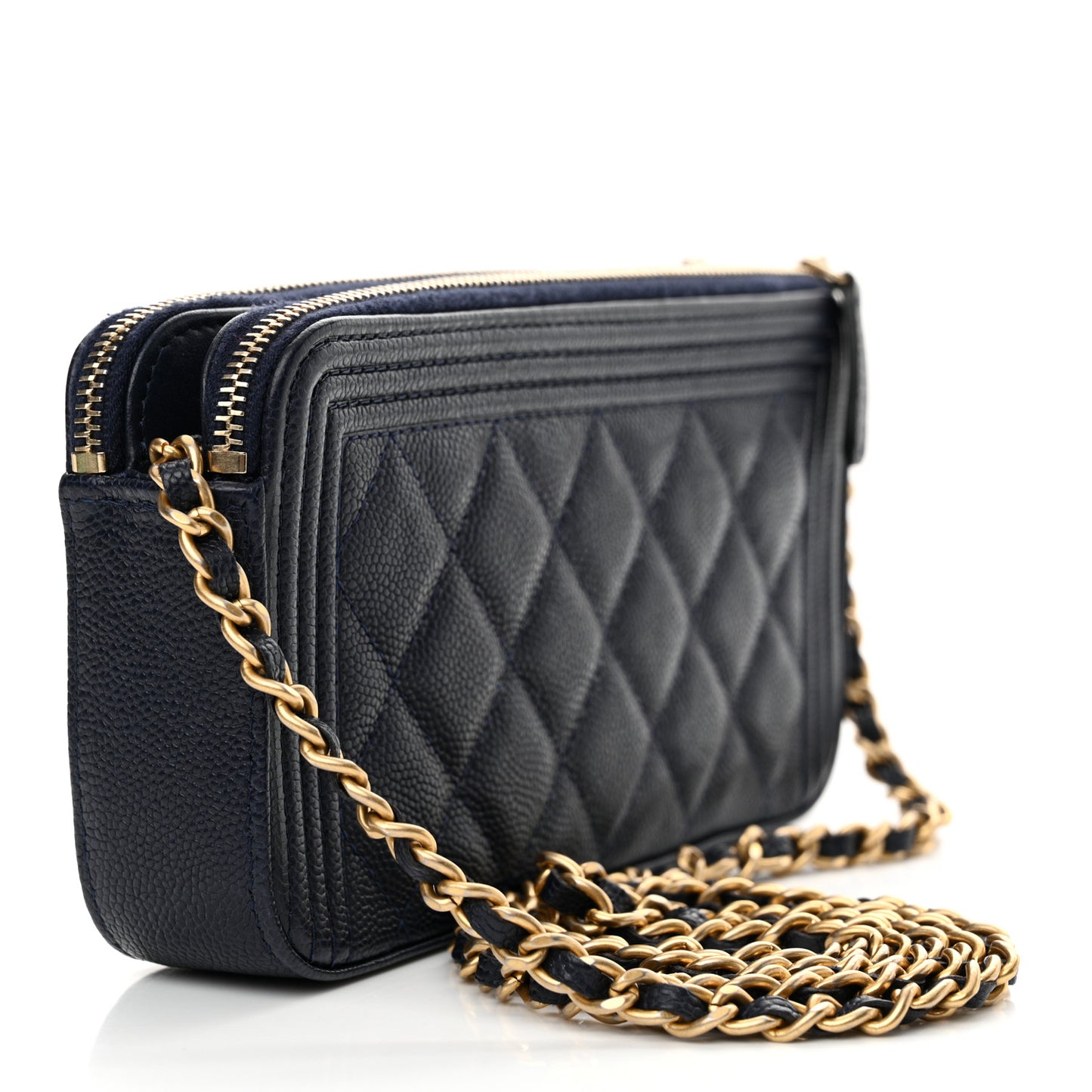 Caviar Quilted Small Boy Clutch With Chain Dark Blue