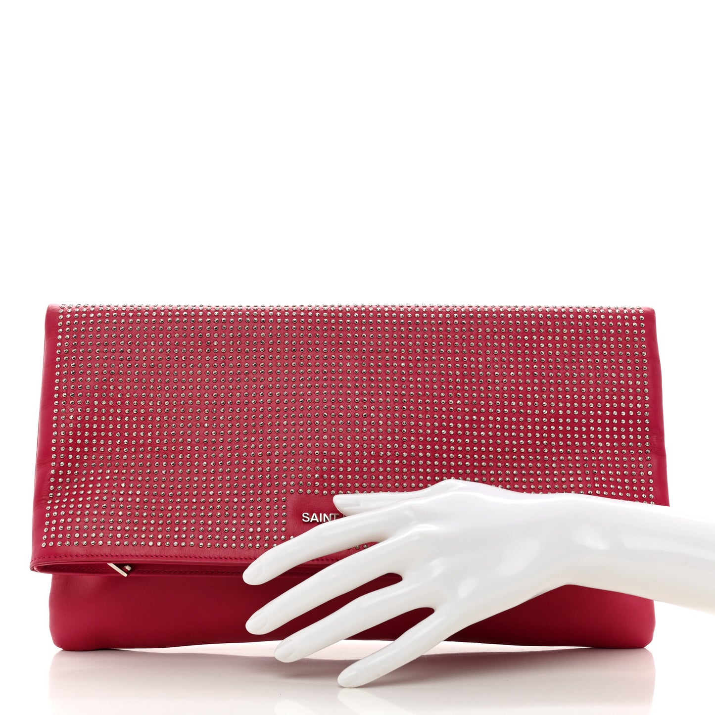Smooth Calfskin Studded Letters Fold-Over Clutch Fuchsia