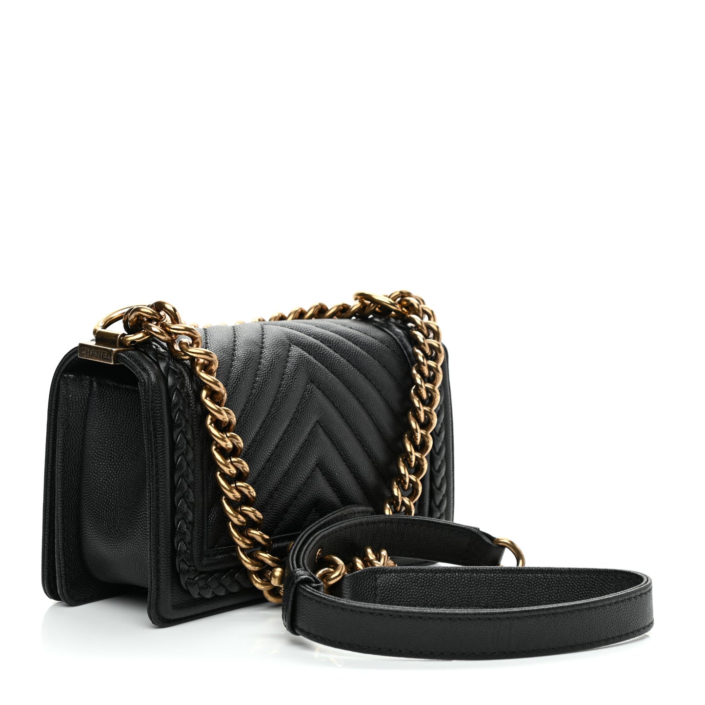 Caviar Chevron Quilted Braided Small Boy Flap Black