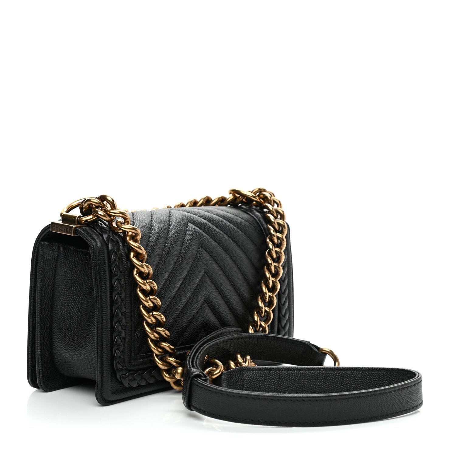 Chanel Caviar Chevron Quilted Braided Small Boy Flap Black 3 of 9