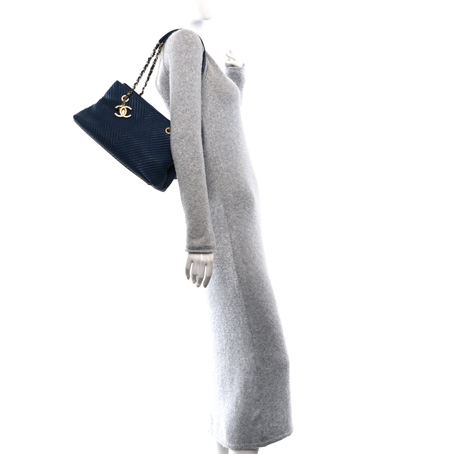 Chanel Wrinkled Lambskin Chevron Quilted Surpique Tote Navy Blue 2 of 10