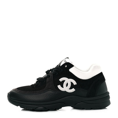 Chanel Mesh Suede Grained Calfskin Womens CC Sneakers 37 Black White 1 of 8