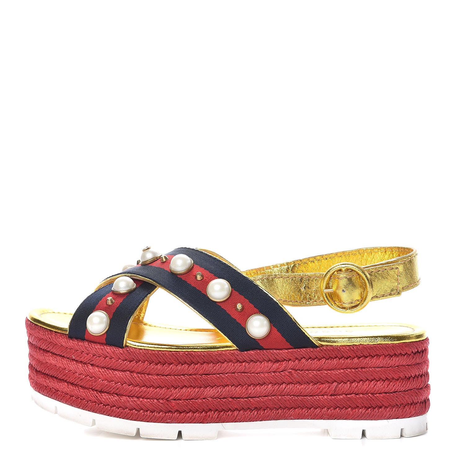 Gucci Metallic Nappa Silk Web Pearl Crossover Espadrille Platform Lug Sole Sandals 37 Gold 1 of 10