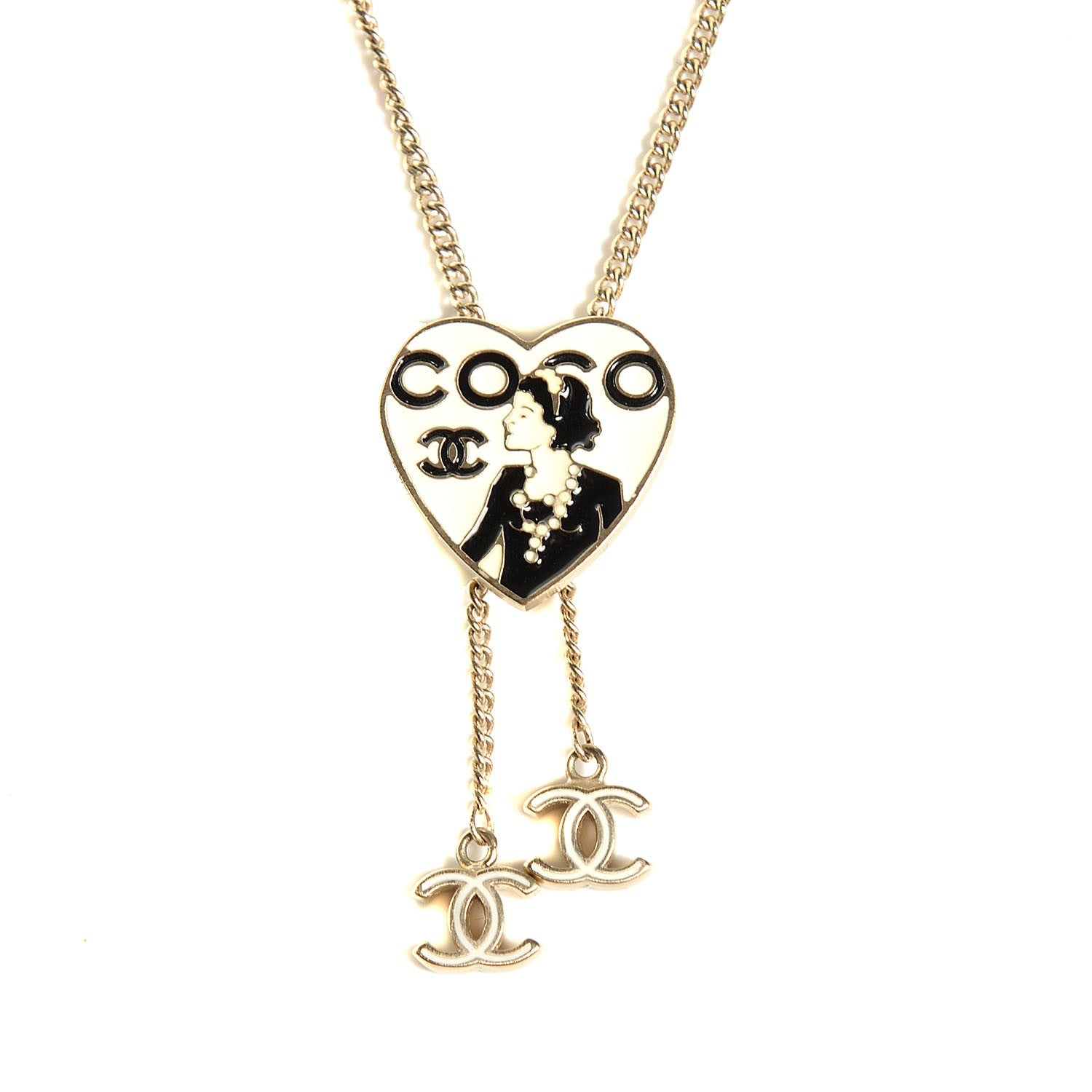 Chanel Enamel Coco Heart CC Lariat Necklace Light Gold 1 of 5