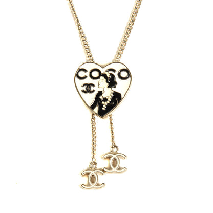 Chanel Enamel Coco Heart CC Lariat Necklace Light Gold 1 of 5