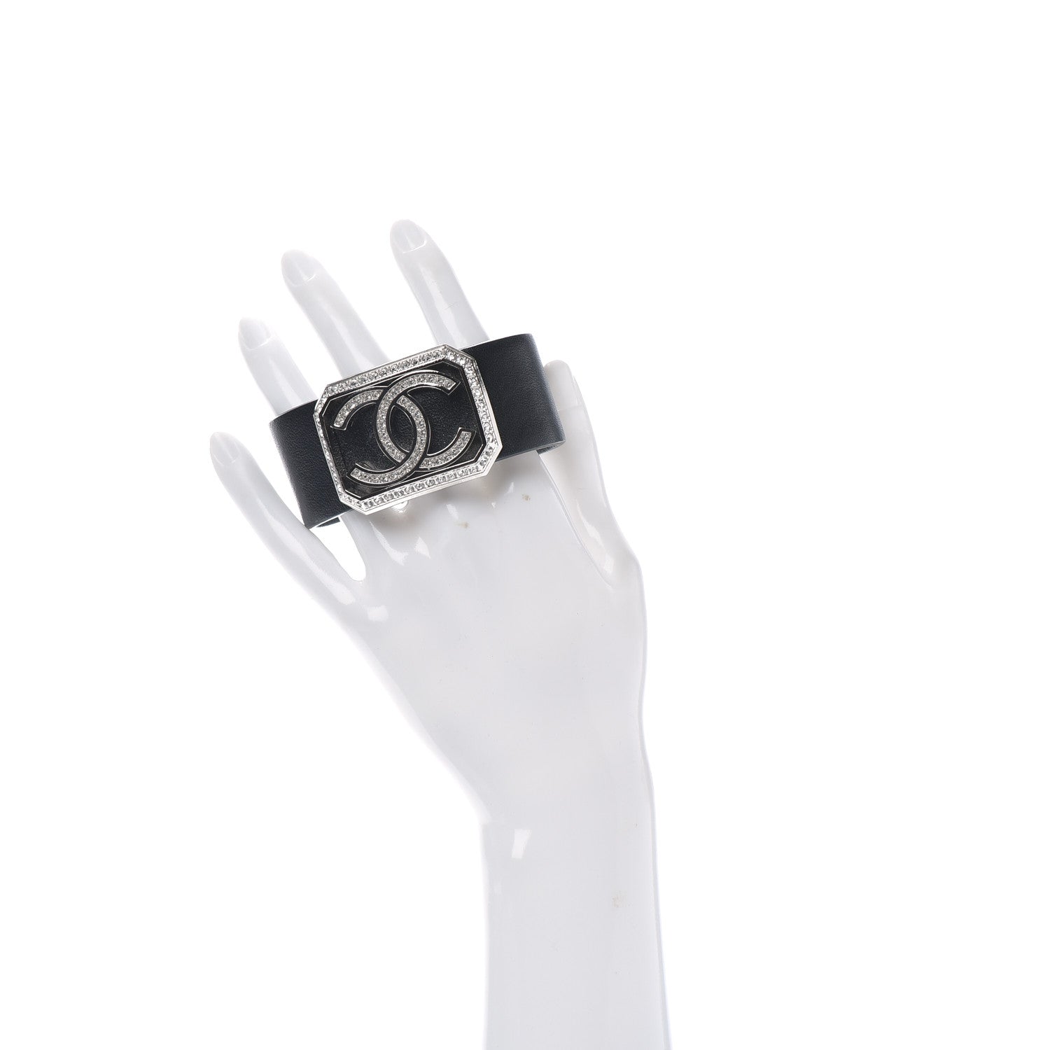 Chanel Calfskin Crystal CC Cuff Bracelet M Black 2 of 5