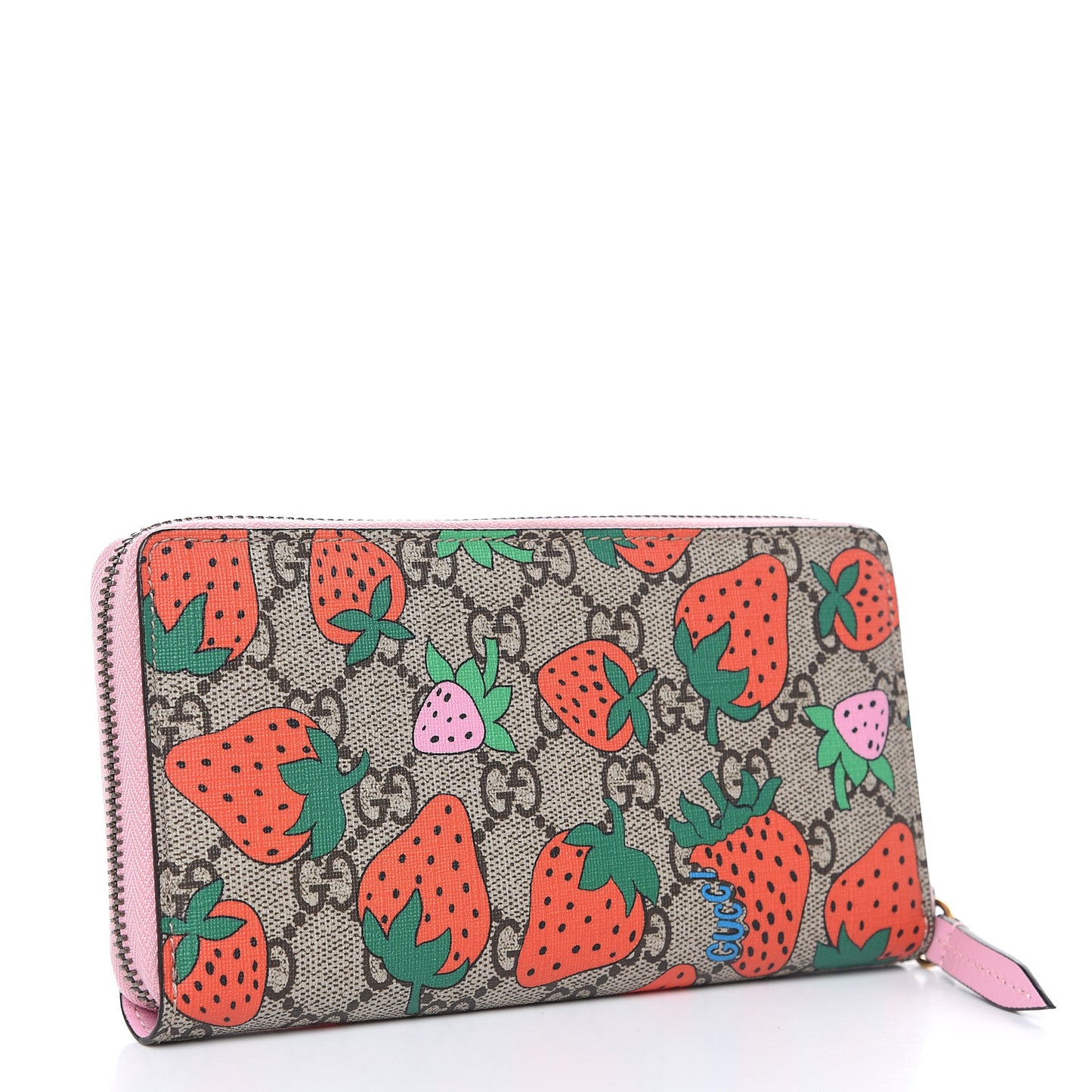 GG Supreme Monogram Strawberry Zip Around Wallet Light Pink
