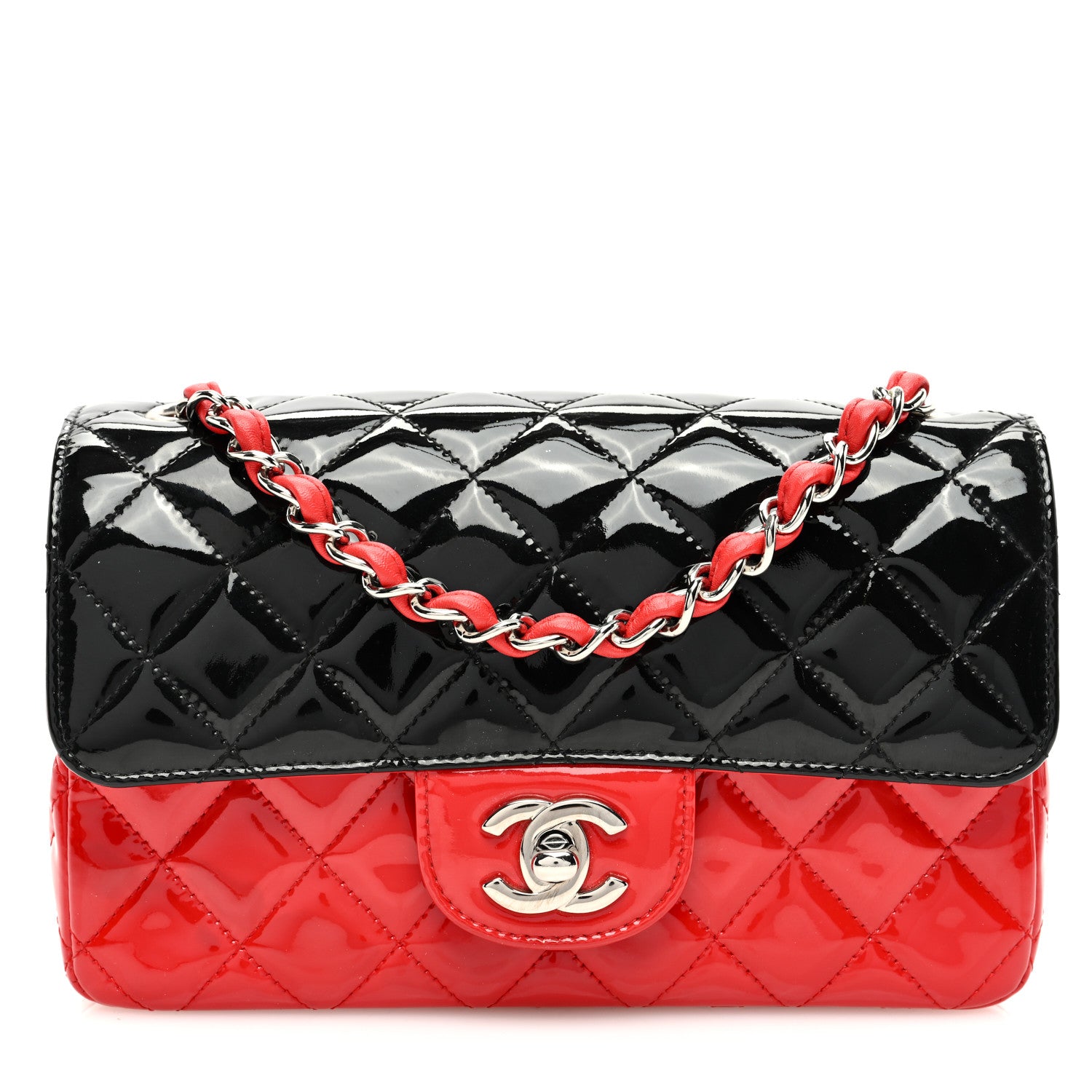 Chanel Patent Calfskin Quilted Bi-Color Mini Rectangular Flap Red Black 1 of 10