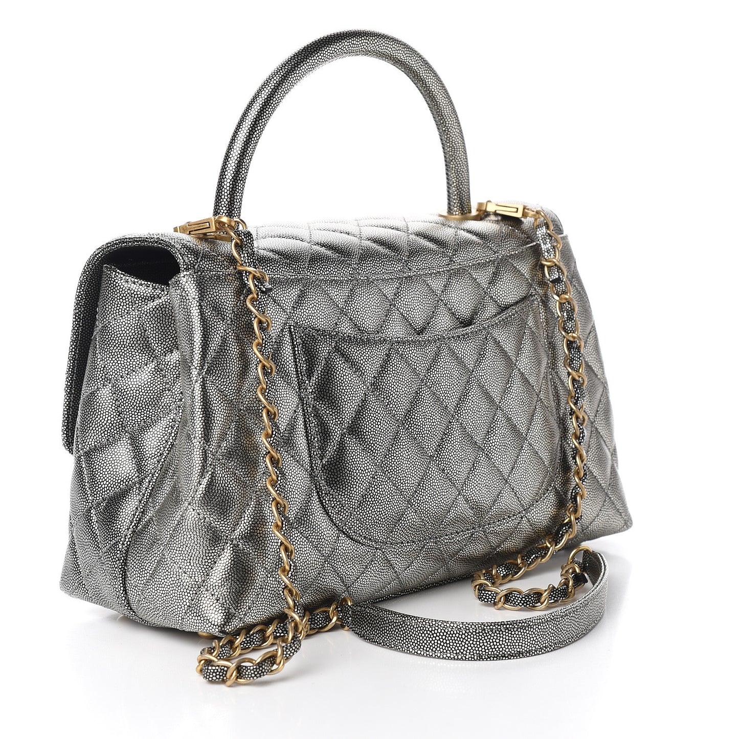 Metallic Caviar Quilted Small Coco Handle Flap Silver