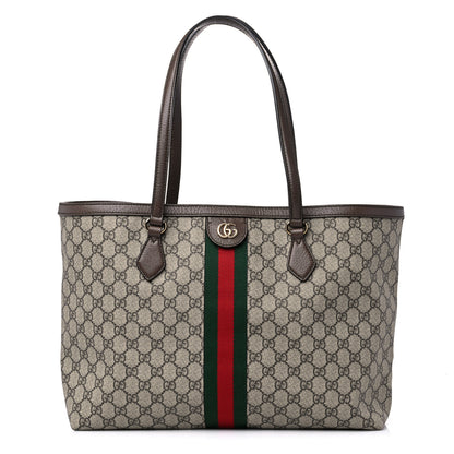 Gucci GG Supreme Monogram Textured Calfskin Web Medium Ophidia Shopping Tote Beige Ebony New Acero 1 of 12
