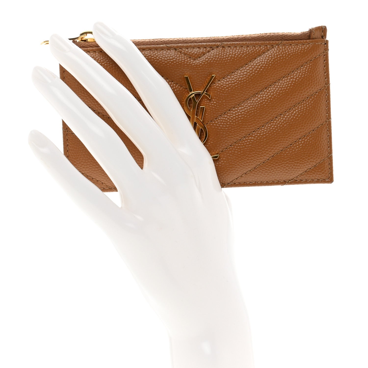 Saint Laurent Grain De Poudre Matelasse Chevron Monogram Fragments Zippered Card Case Naturel Dark 2 of 9