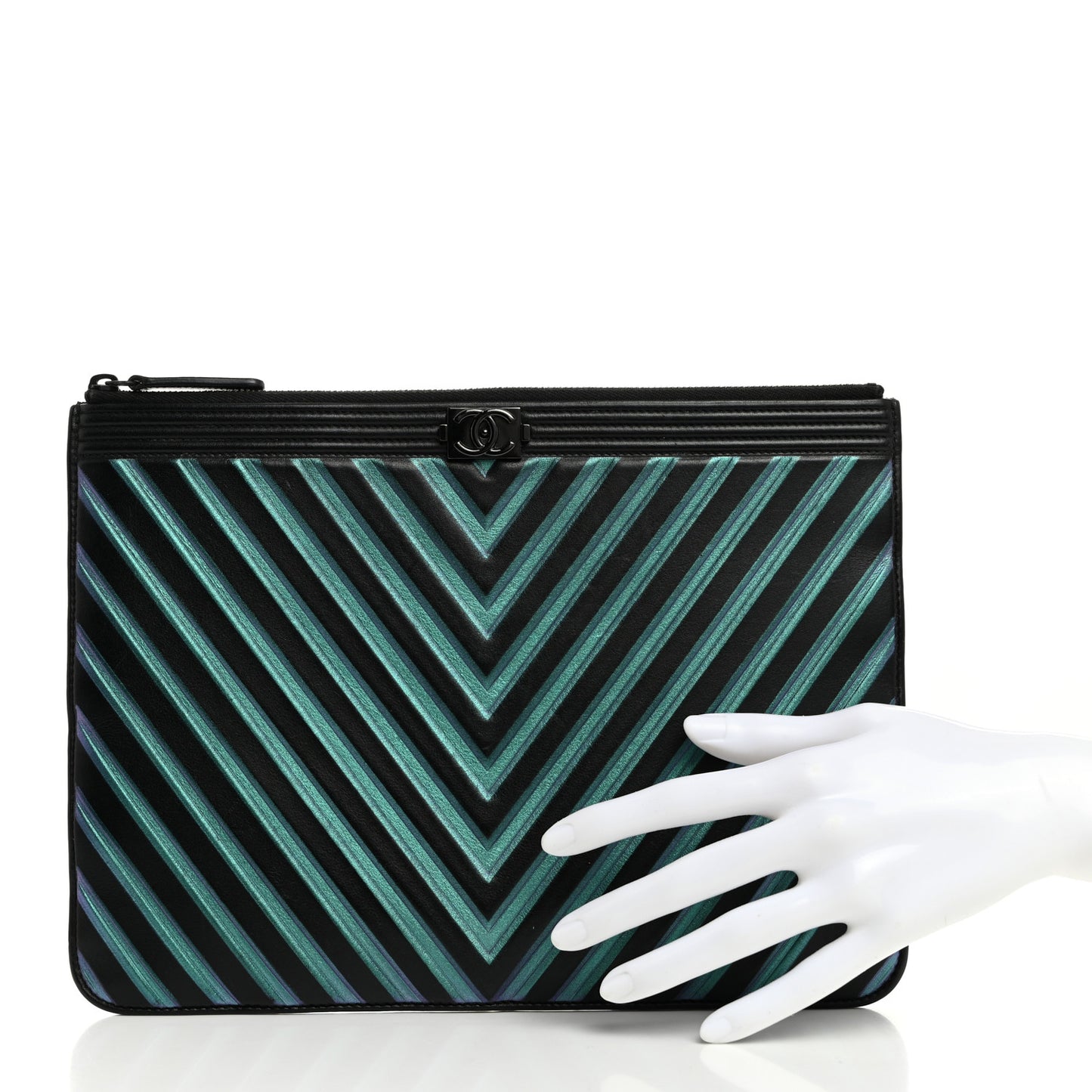 Calfskin Painted Chevron Embossed Large Boy Zip Pouch Black