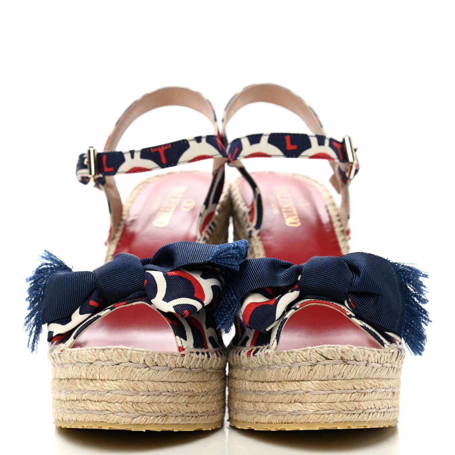 Valentino Garavani Twill Printed Bow Espadrille Wedge Sandals 39 Navy 2 of 9